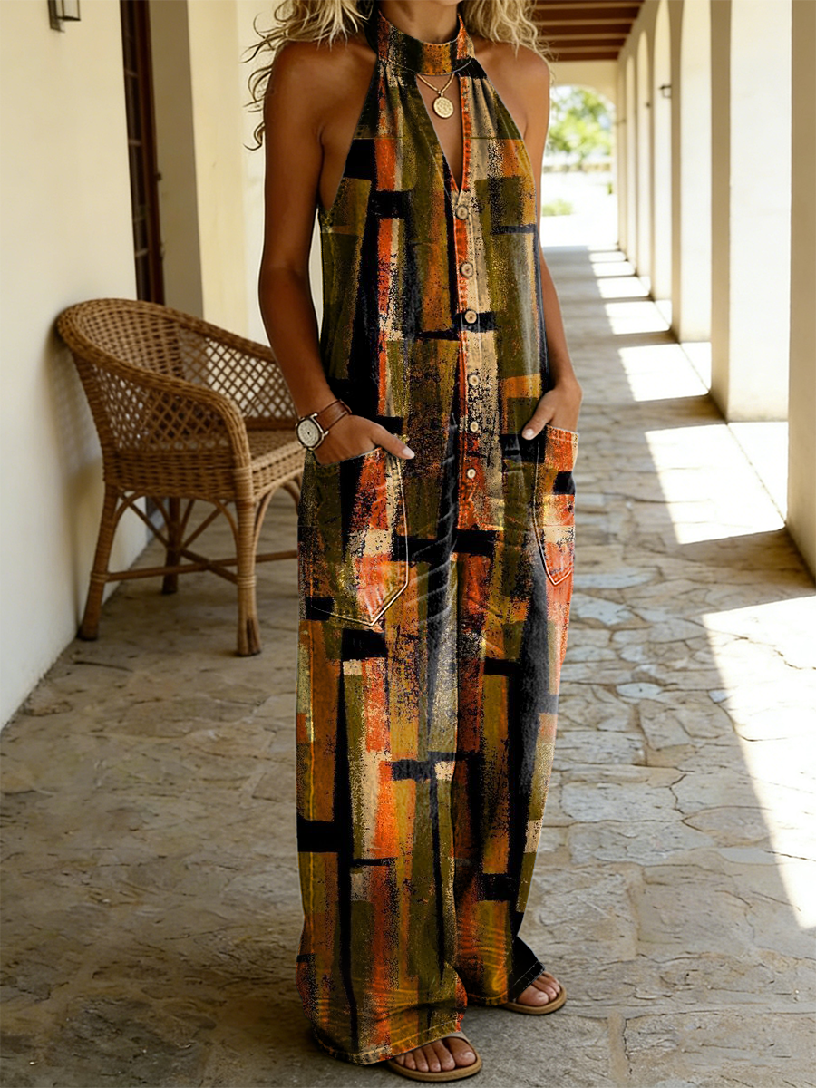 Women's Retro Art Print Casual Sleeveless Jumpsuit-S.fashion