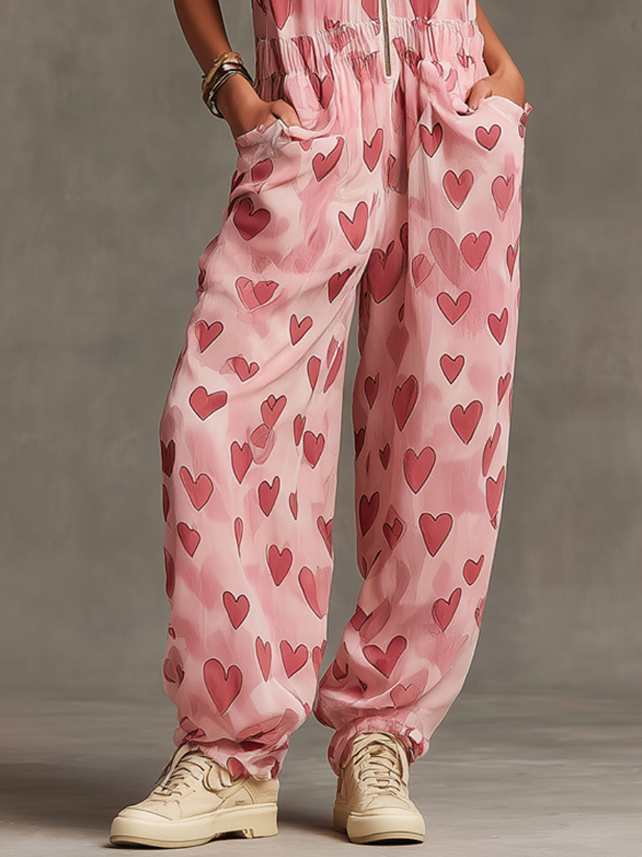 Retro Pink Heart Chiffon Sleeveless Wide-Leg Jumpsuit-S.fashion
