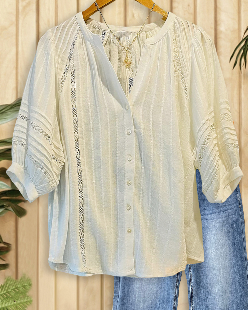 Solid Color Lace Patchwork Urban Button Blouse-S.fashion