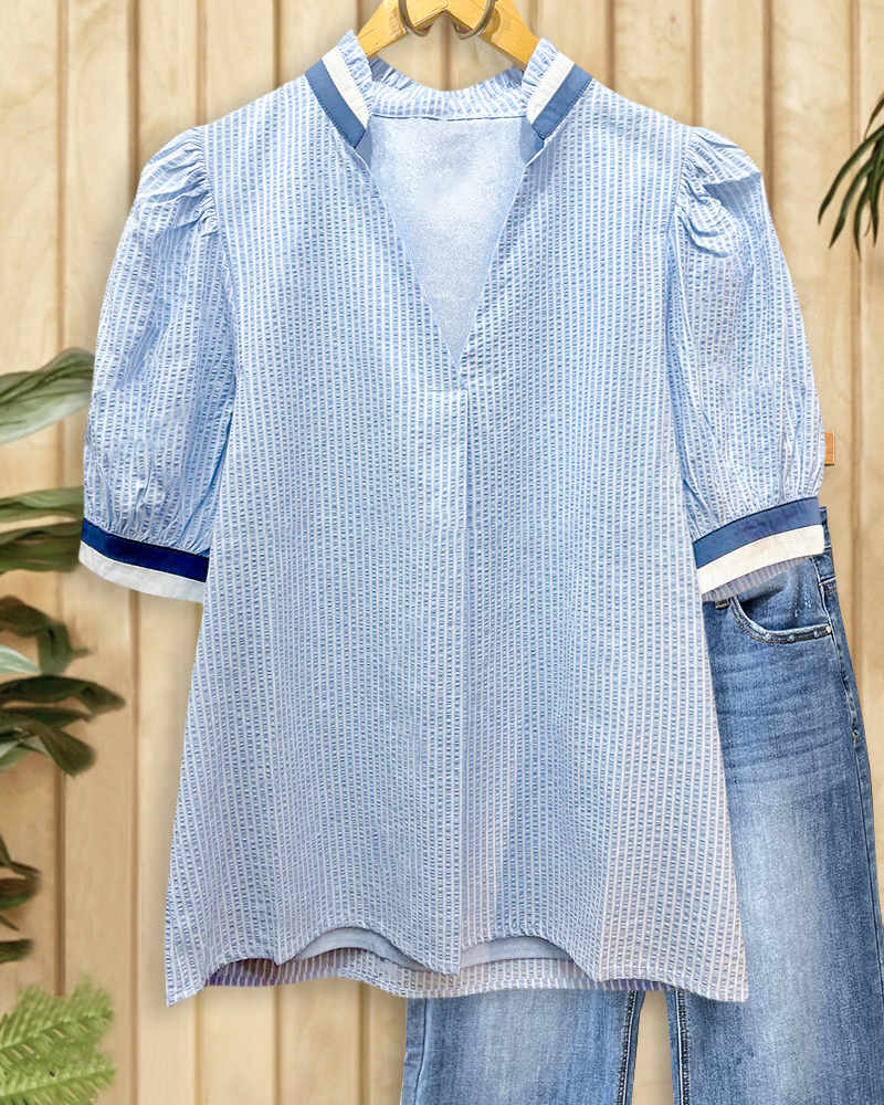 Patchwork V Neck Urban Striped Blouse-S.fashion