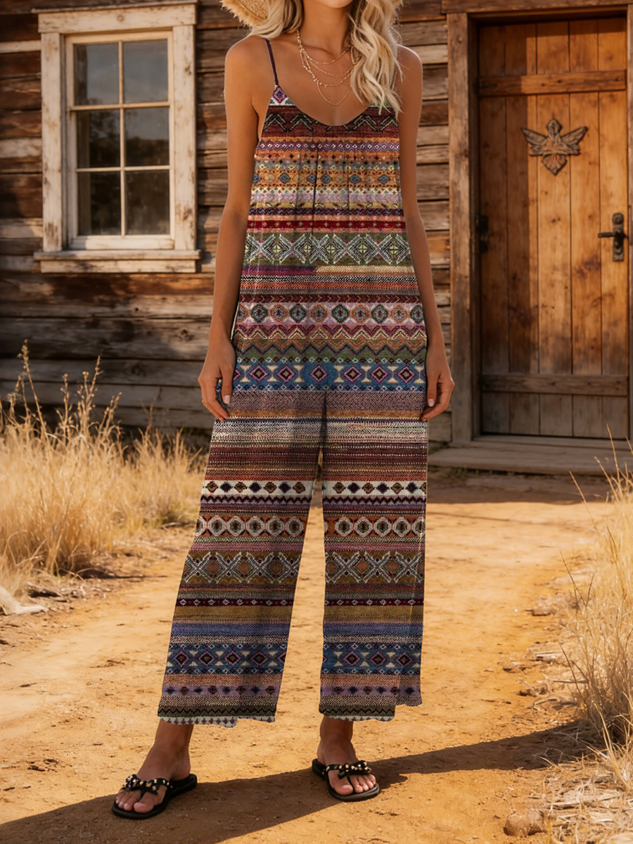 Women's Retro Ethnic Striped Art Print Casual Cotton Jumpsuit-S.fashion
