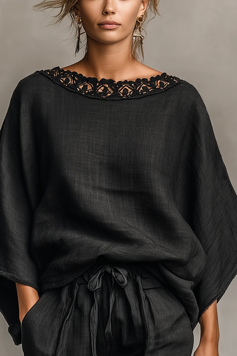 Women's Minimalist Linen Blend Lace Boat Neck Blouse And Shorts Set