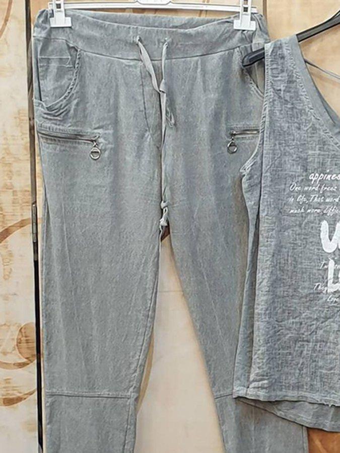 Gray Letter Sleeveless Spaghetti Casual Suits-S.fashion
