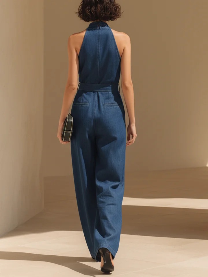 Navy Blue Tencel Denim Halter Neck Wide-Leg Jumpsuit-S.fashion