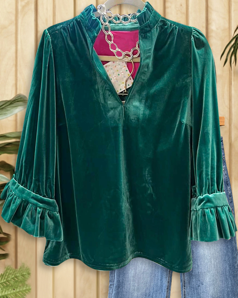 Solid Color Velvet Elegant Ruffle Sleeve Blouse-S.fashion