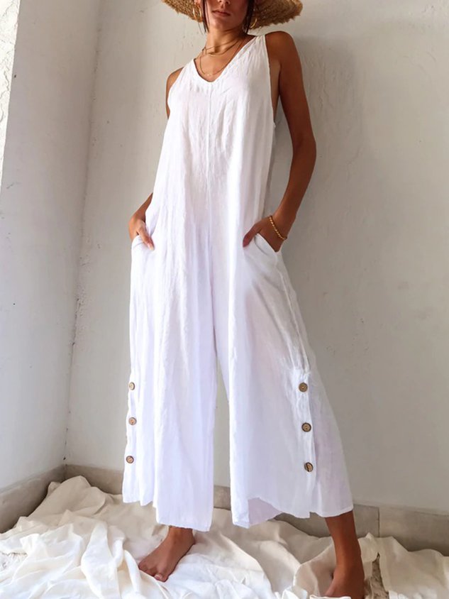 Casual V Neck Pockets Buttoned Cotton Solid Sleeveless Loosen Jumpsuit & Romper-S.fashion