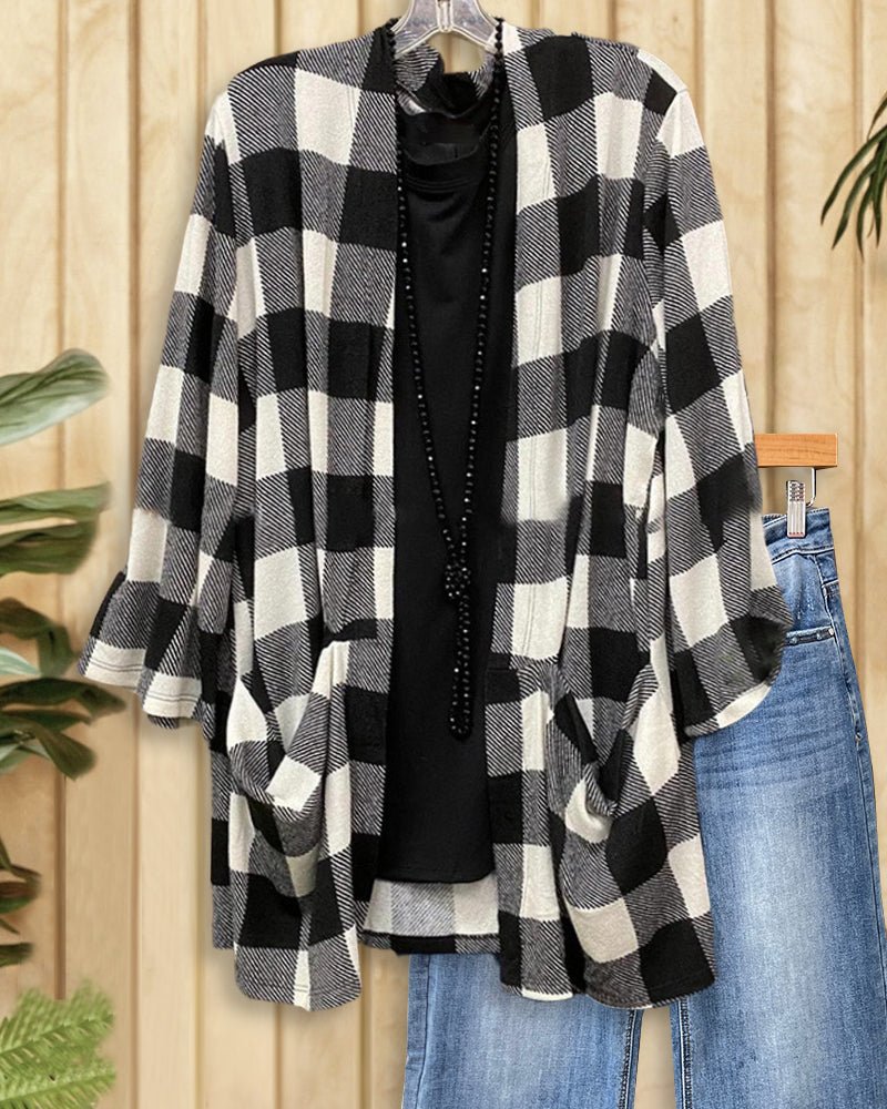 Checked Oversized Patch Pocket Open Front Blouse-S.fashion