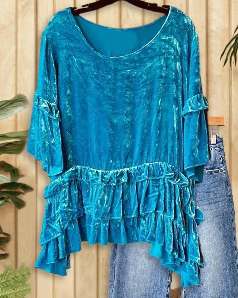 Solid Color Velvet Glamorous Ruffles Peplum Blouse-S.fashion