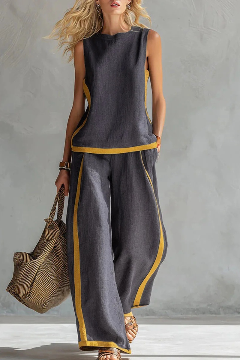 Women's Two Tone Trim Vest & Wide Leg Pants 2Pcs Set