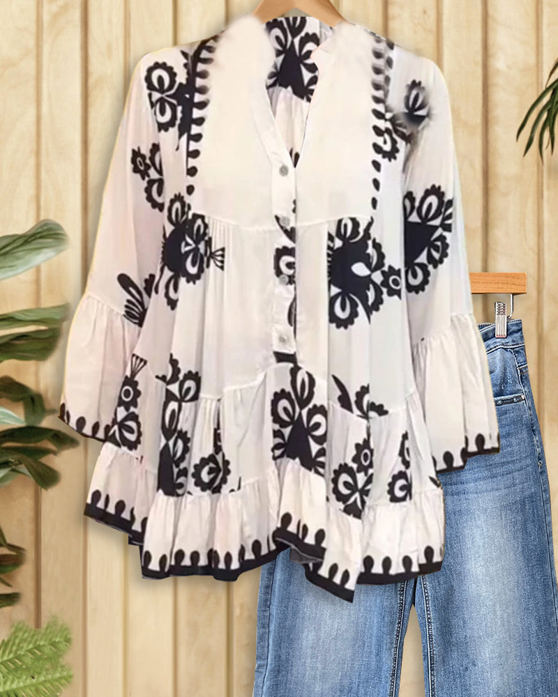 Contrasting Tribal Print Classic Tiered Blouse-S.fashion
