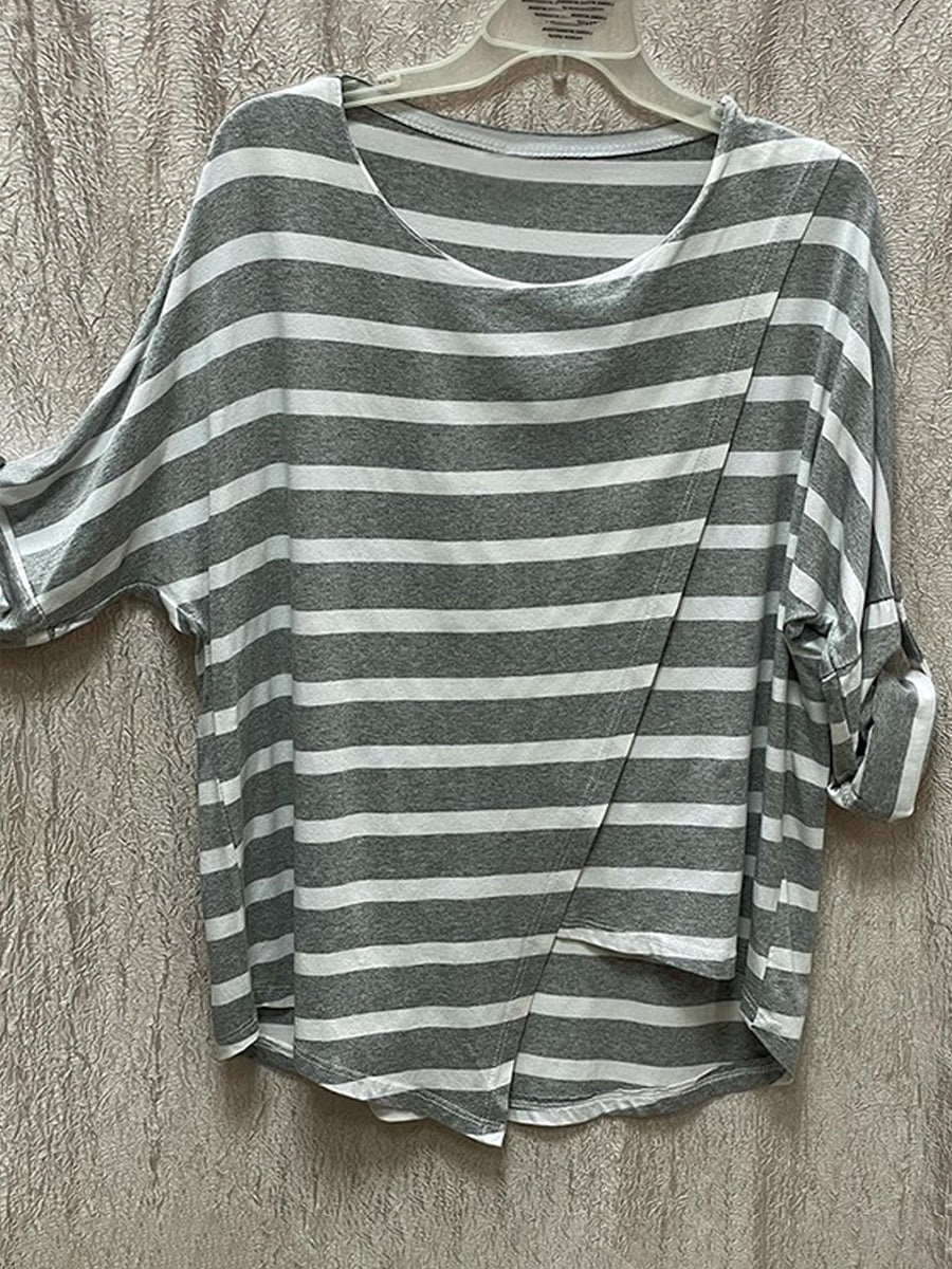 Casual Stripe Top With Solid Color Pants Two-piece Set-S.fashion