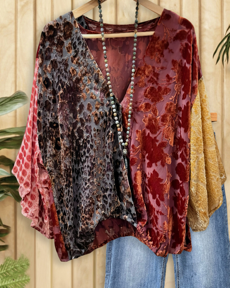 Mixed Velvet Patchwork Relaxed V Neck Blouse-S.fashion