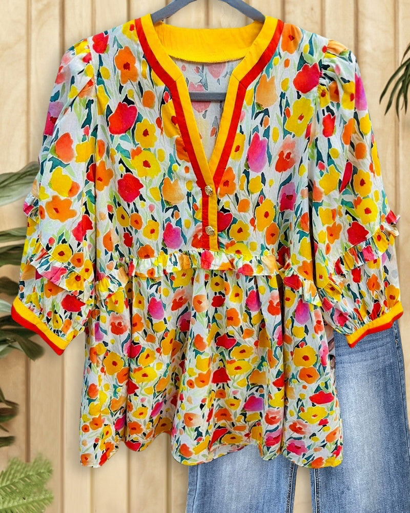 Floral Print Ruffles Trim Stunning V Neck T-Shirt-S.fashion