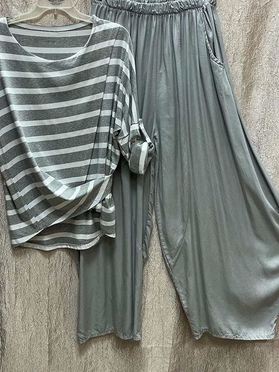 Casual Stripe Top With Solid Color Pants Two-piece Set-S.fashion