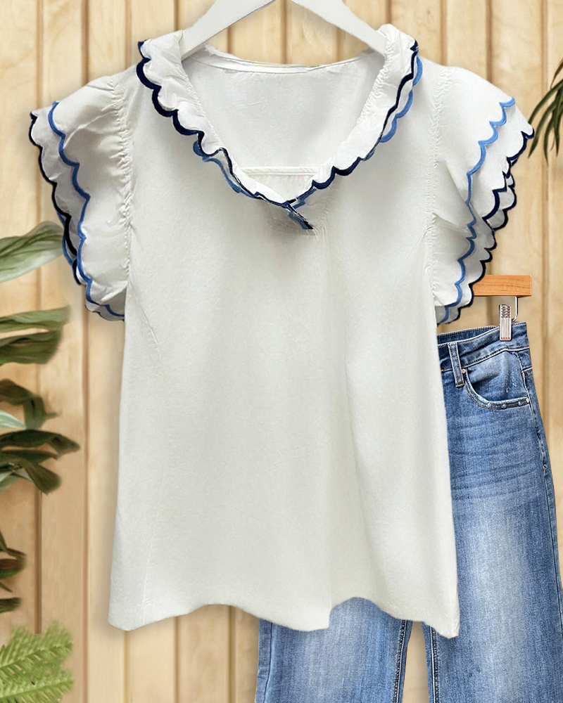 Hit Color Playful Scalloped Tiered Sleeve Blouse-S.fashion