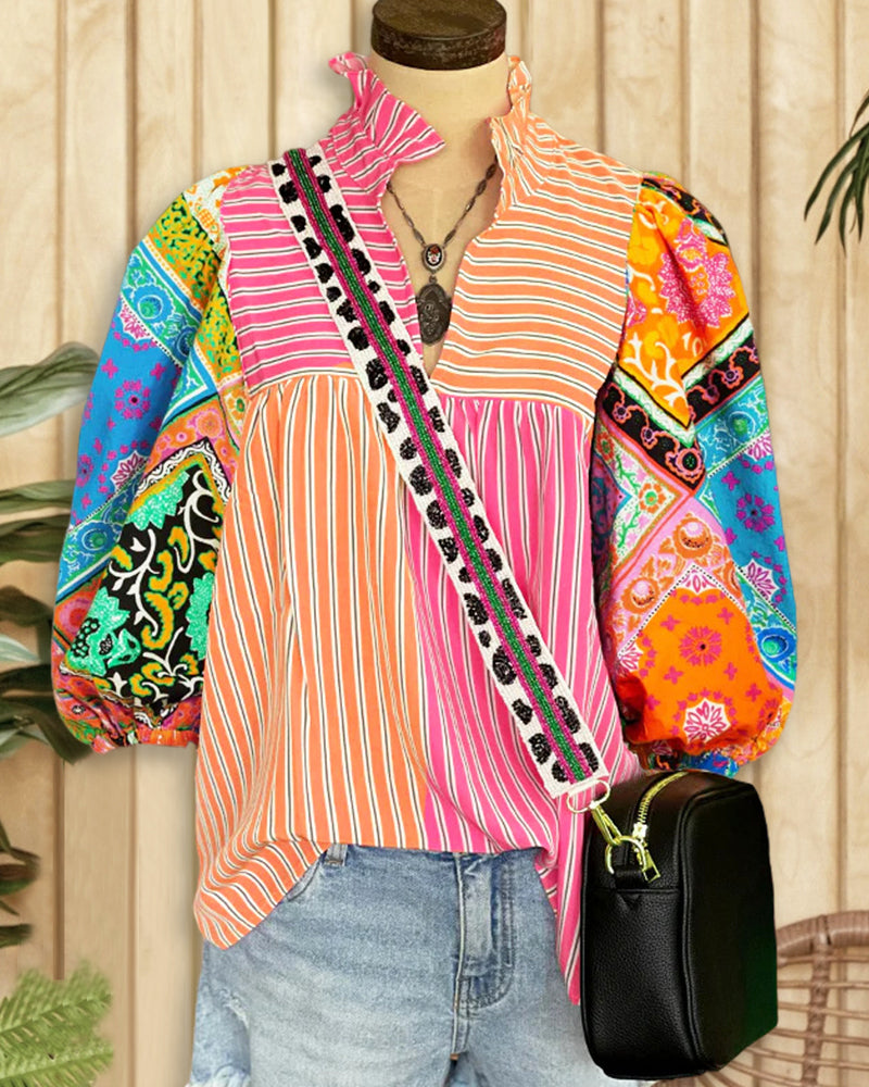 Tribal Print Patchwork Colorful Striped V Neck T-Shirt-S.fashion