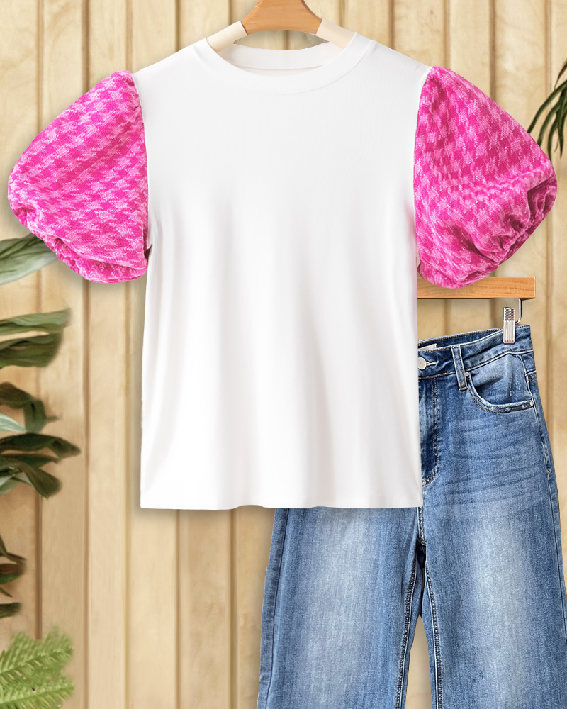 Hit Color Houndstooth Spliced Puff Sleeve Cute T-Shirt-S.fashion