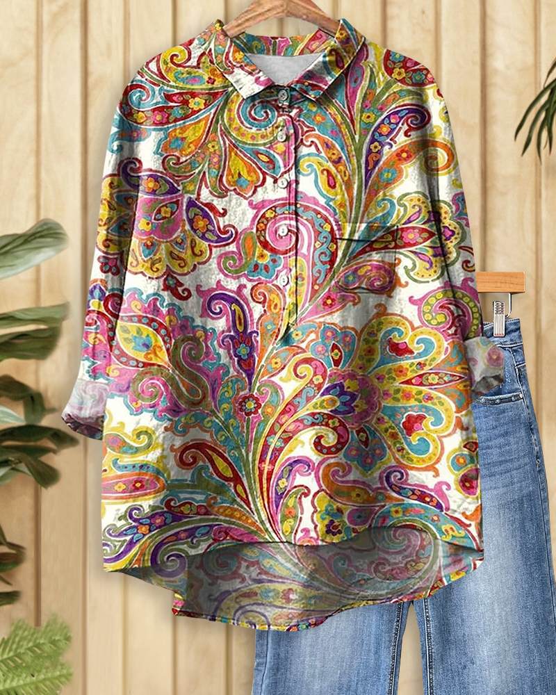 Floral Print Retro Shirt Collar Blouse-S.fashion