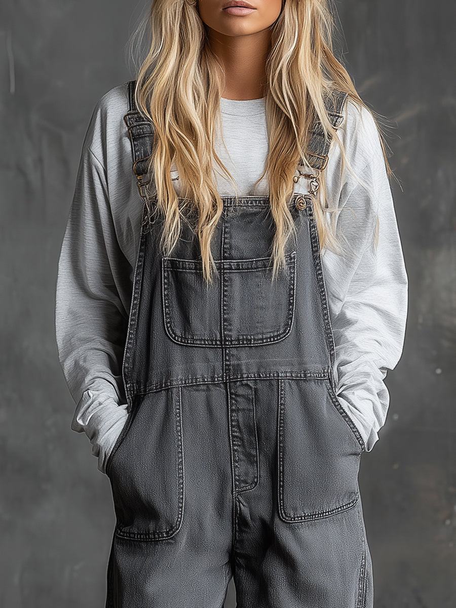 Casual Western Grey Denim Loose Multi-Pocket Jumpsuit Overalls-S.fashion
