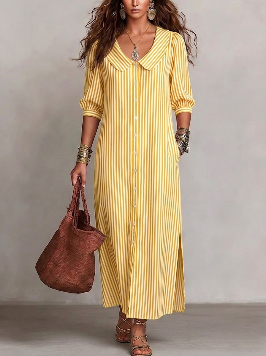 New Arrivals🔥 Women's Retro Peter Pan Collar Striped Cotton Linen Dress