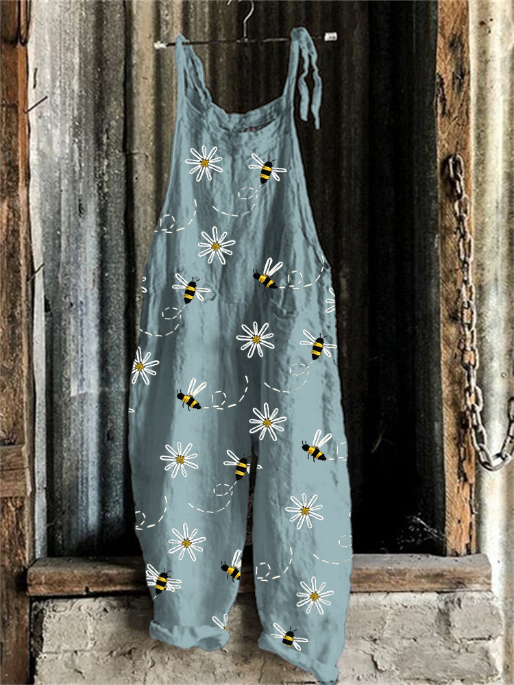 Flying Bees & Daisies Print Pattern Jumpsuit-S.fashion