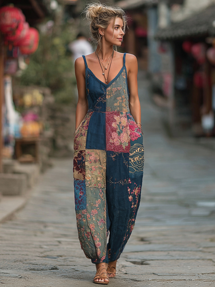 Women's style Floral Linen Sleeveless Vneck Jumpsuit-S.fashion