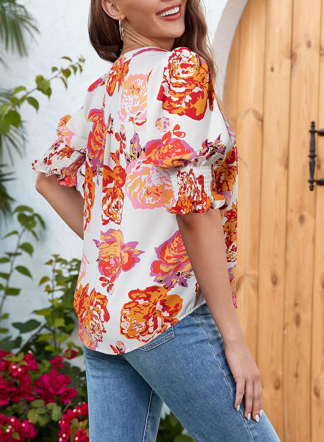Floral V-Neck Puff Sleeve Blouse-S.fashion