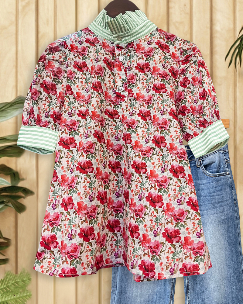 Striped Patchwork Ruffled Collar Chic Floral Print T-Shirt-S.fashion