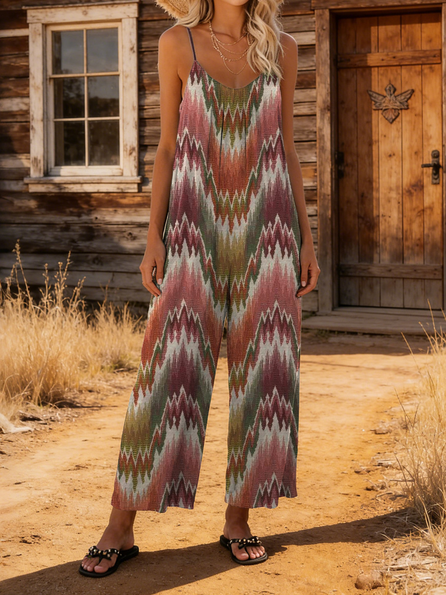 Women's Retro Colorful Ethnic Art Print Casual Cotton Jumpsuit-S.fashion