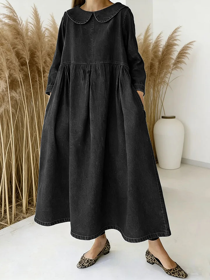 NEW🔥 Women's Peter Pan Collar Long-sleeved Loose-fitting Casual Denim Dress
