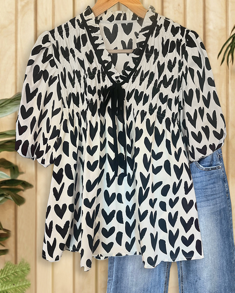 Heart Print Sweet Puff Sleeve Blouse-S.fashion