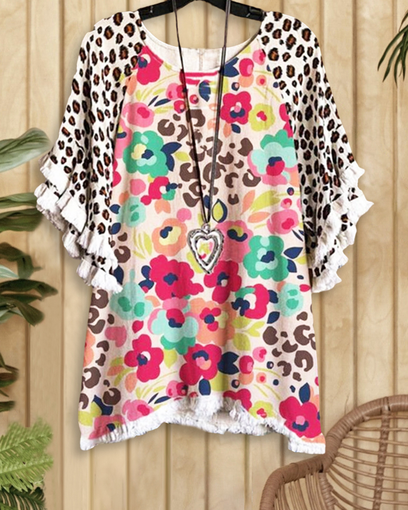 Leopard Print Brushed Paneled Tee-S.fashion