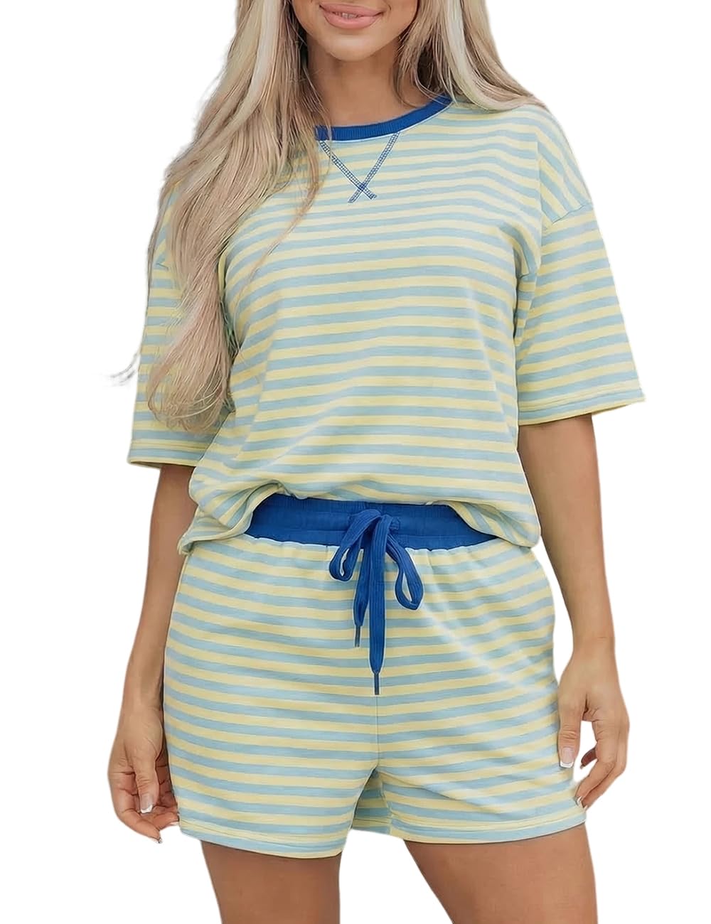 Women's Stripe Drop Shoulder Boxy Casual Terry Short Set-S.fashion