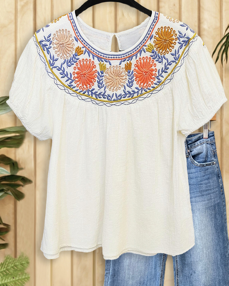 Floral Print Pastoral Round Neck T-Shirt-S.fashion