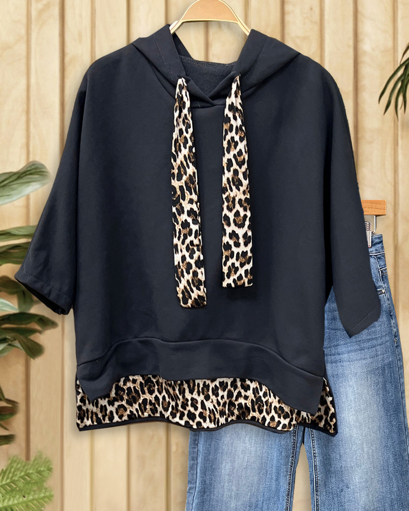 Leopard Print Patchwork Sporty High Low Hooded Top-S.fashion