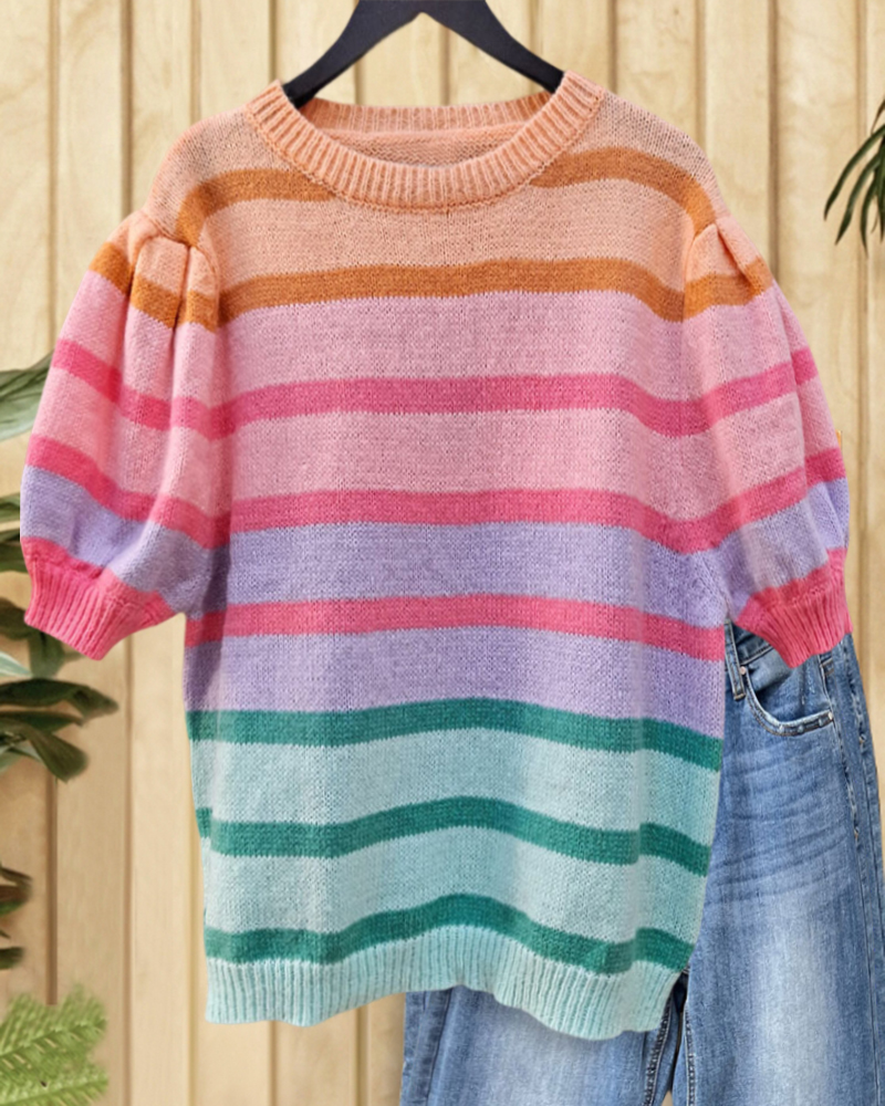 Rainbow Striped Puff Sleeve Stunning Sweater-S.fashion