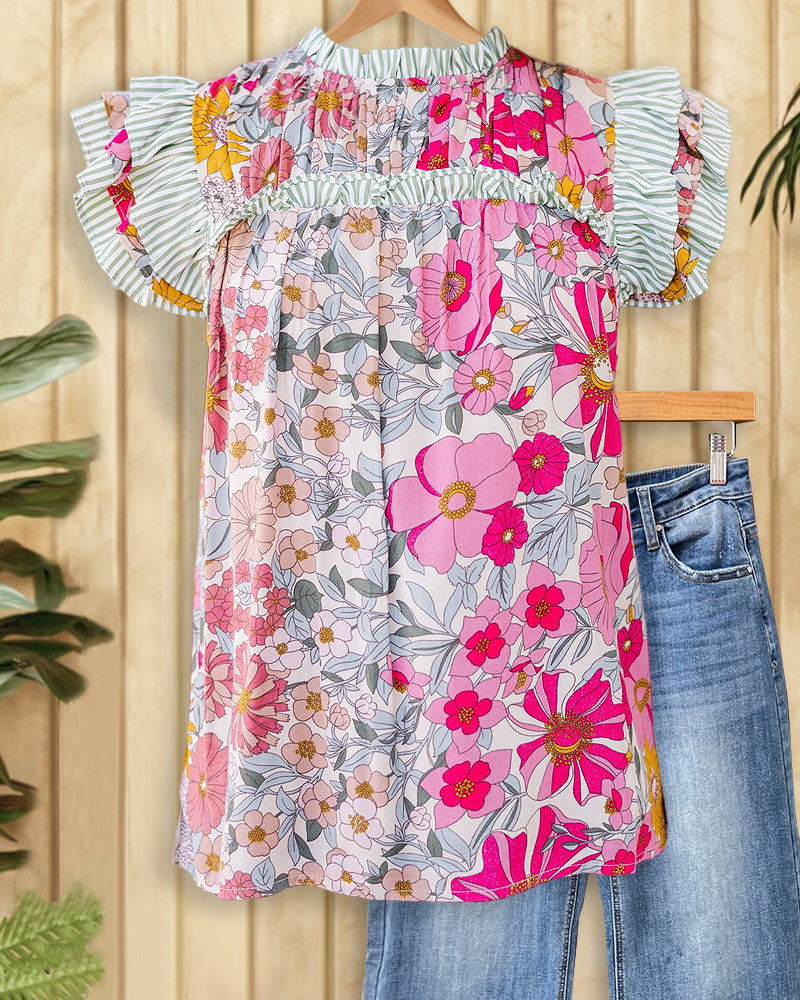 Striped Patchwork Tiered Sleeve Rocking Floral Print Blouse-S.fashion