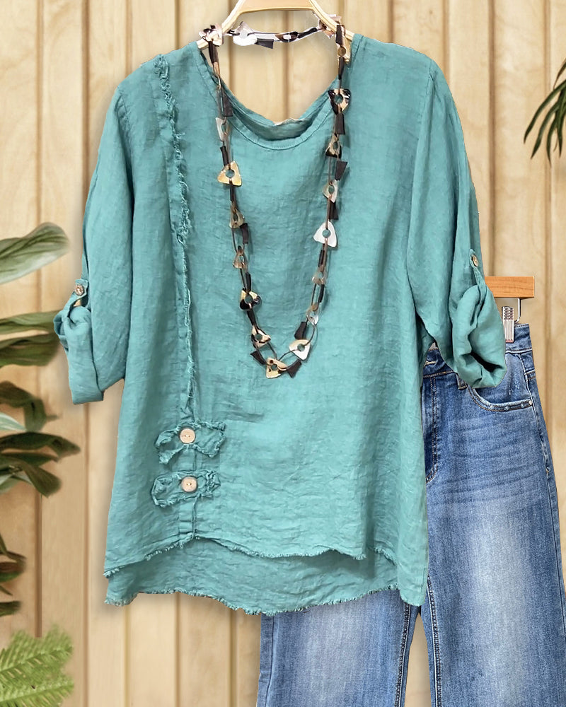 Solid Color Frayed Seamed Detail Laid Back Blouse-S.fashion