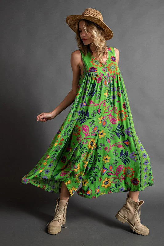 Vintage floral print loose sleeveless jumpsuit-S.fashion