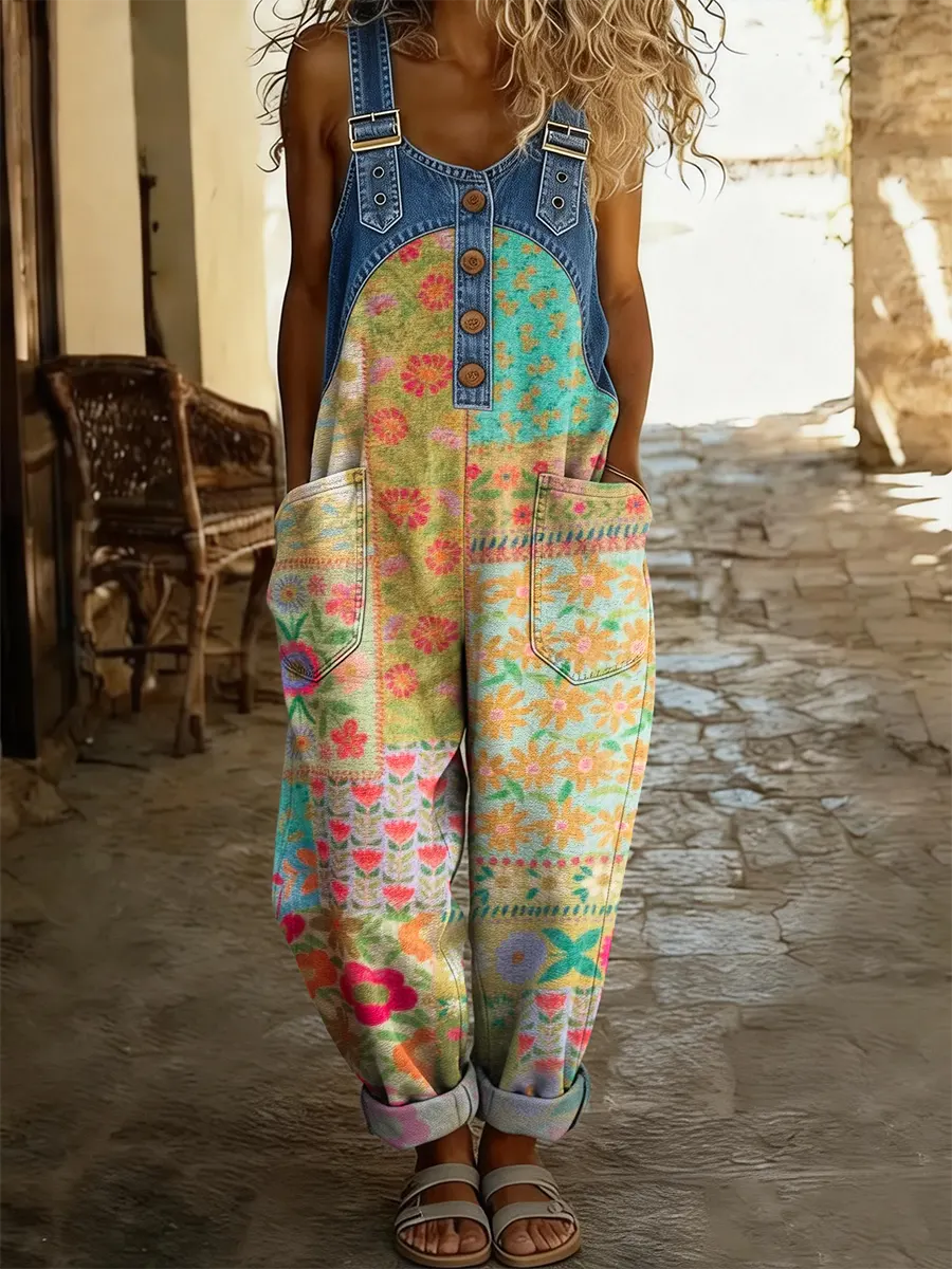 Ethnicity Floral Patchwork Women's Casual Washed Cotton Denim Patchwork Jumpsuit-S.fashion