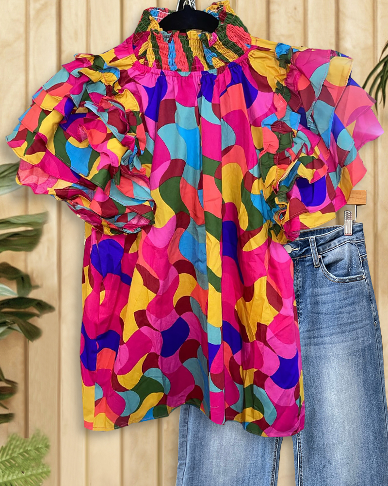 Abstract Print Colorful Ruffles Tiered Sleeve T-Shirt-S.fashion