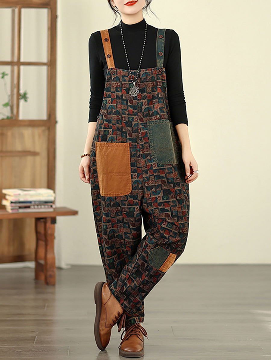 Women Vintage Patchwork Cotton Loose Denim Jumpsuits-S.fashion