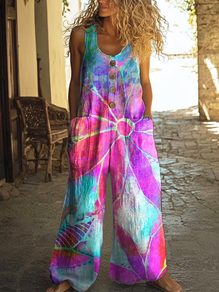 Women's Hippie Flower Art Print Casual 100% Cotton Wide Leg Jumpsuit-S.fashion