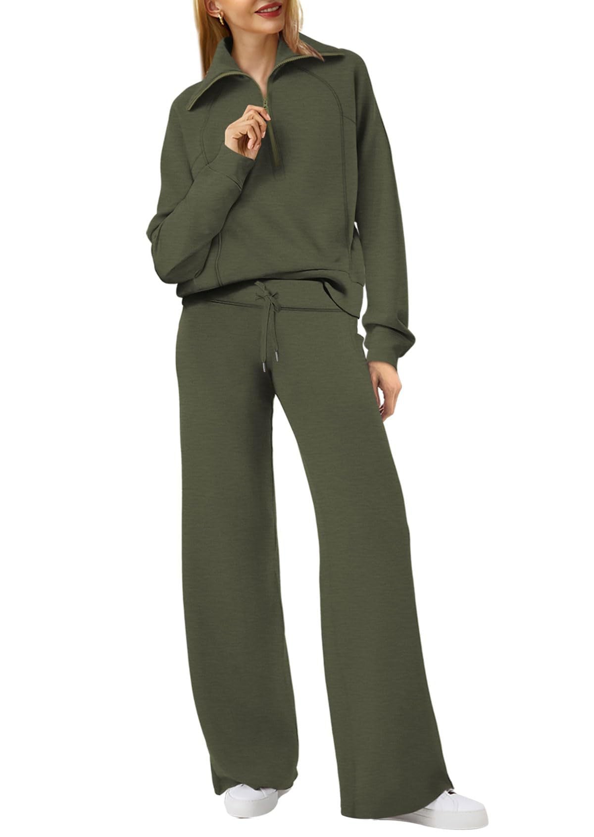 Women's 2 Piece Lounge Matching Set Wide Leg Sweatpant Half Zip Sweatshirt-S.fashion