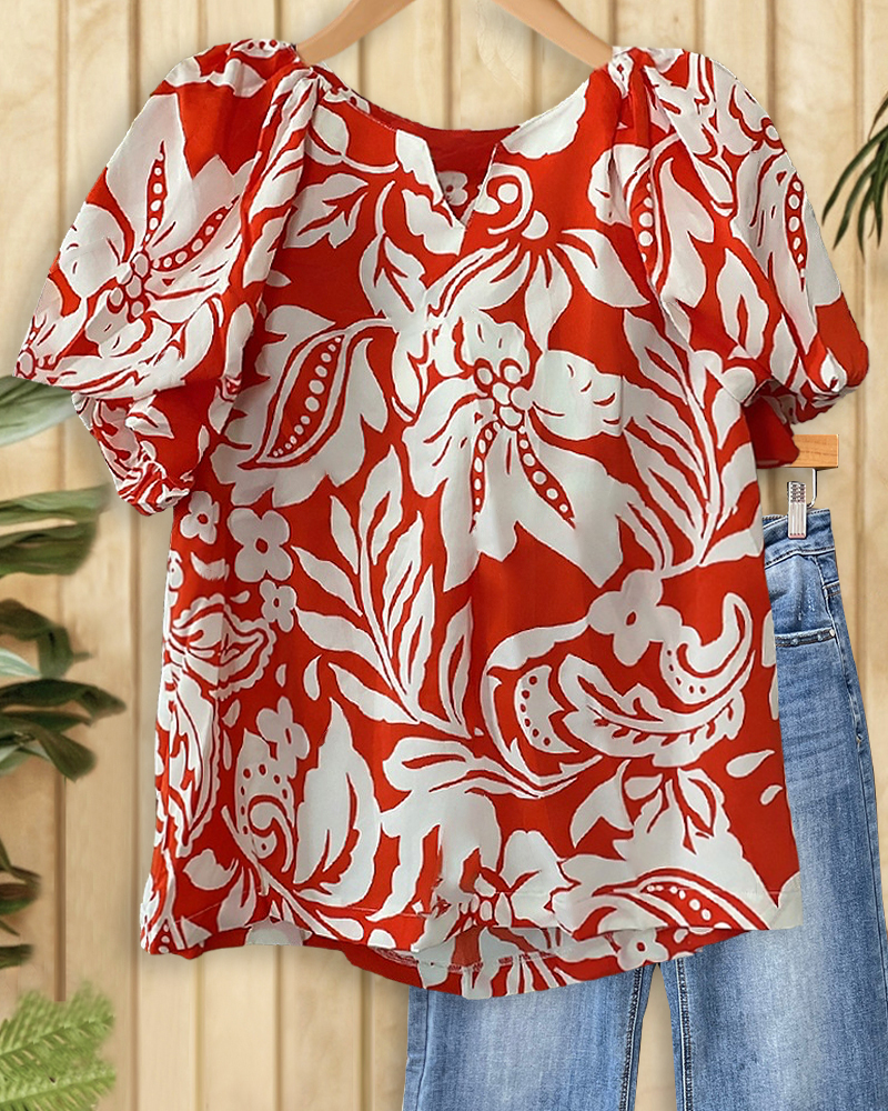 Contrasting Floral Print Undeniable Puff Sleeve T-Shirt-S.fashion