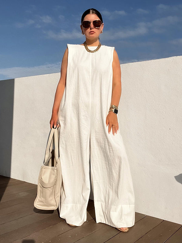 Sleeveless Wide Leg Shoulder Pad Solid Color Jumpsuits-S.fashion