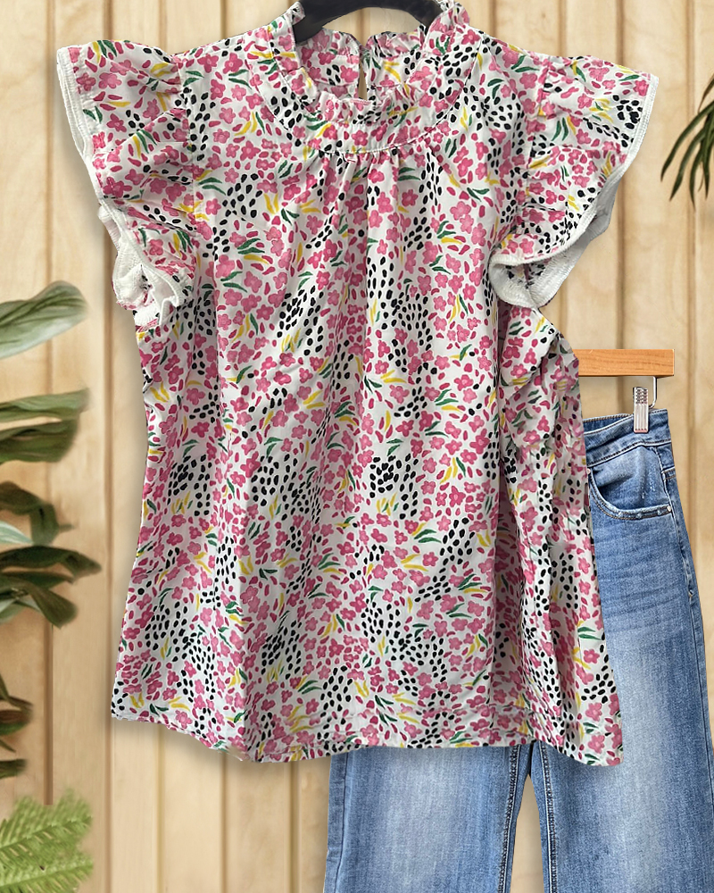 Abstract Watercolor Print Girly Ruffles Peplum T-Shirt-S.fashion