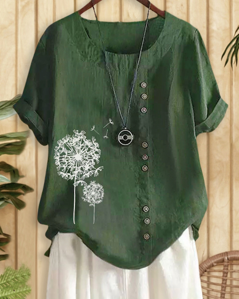 Dandelion Print Cozy Round Neck T-Shirt-S.fashion