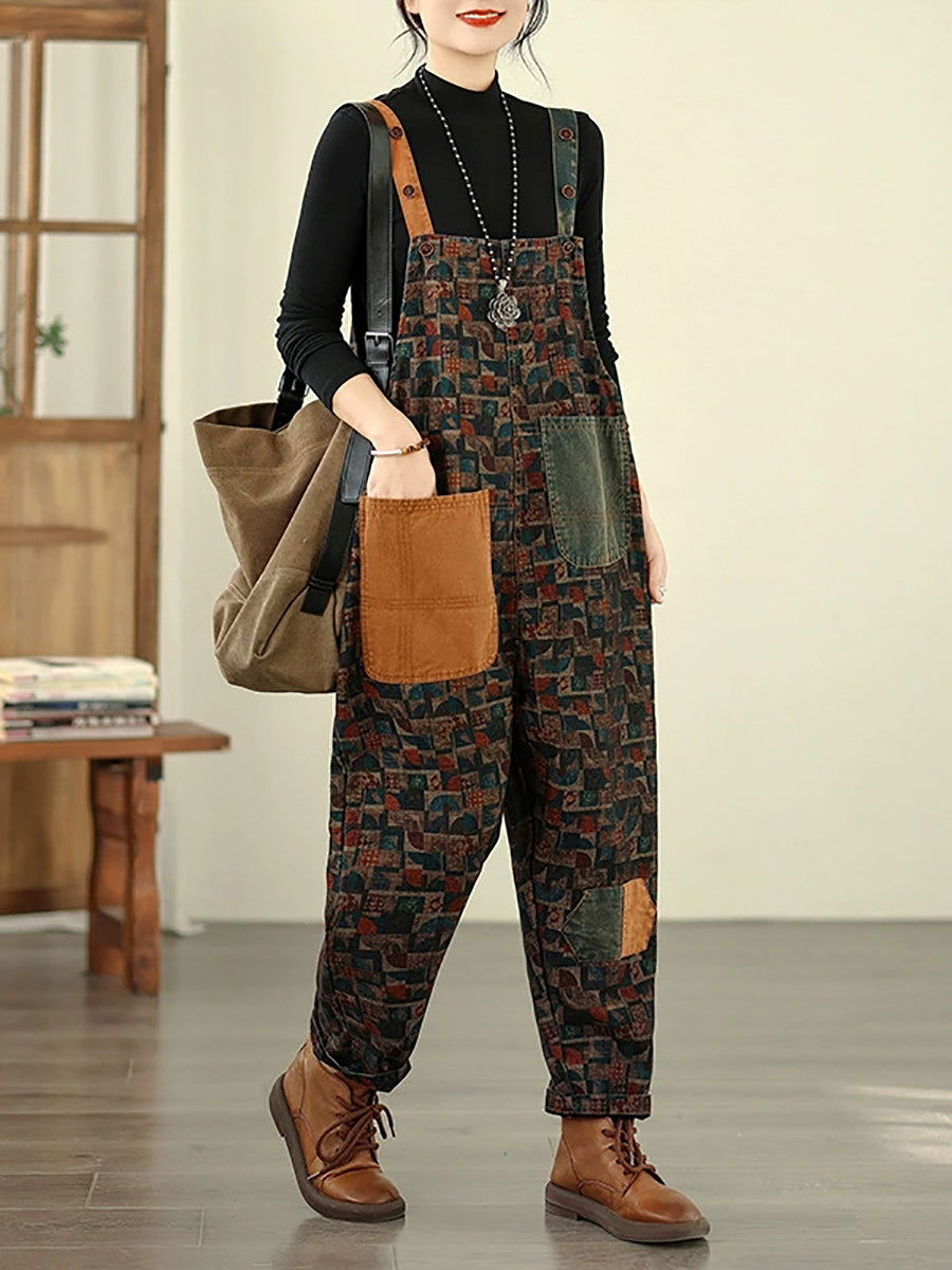 Women Vintage Patchwork Cotton Loose Denim Jumpsuits-S.fashion