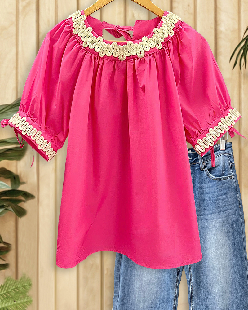 Hit Color Applique Band Chic Round Neck Blouse-S.fashion